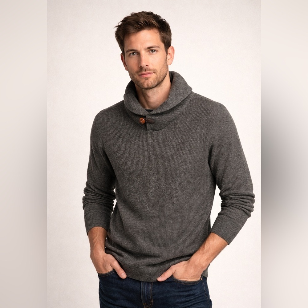 Hart Schaffner Marx Gray Shawl Collar Sweater M Lambswool Elbow Patch